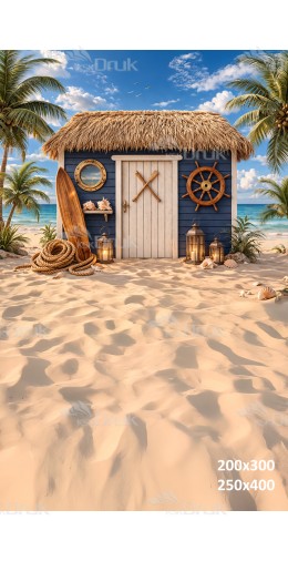 Tło fotograficzne „Nadmorska chatka z deską surfingową i latarniami” | 4076